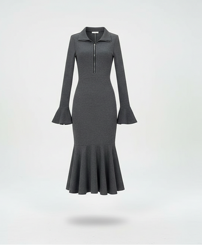 Aluna Half Zip Fishtail Hem Flared Sleeve Dress
