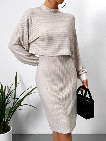 Mock Neck Long Sleeve Top and Wide Strap Dress Set Trendsi