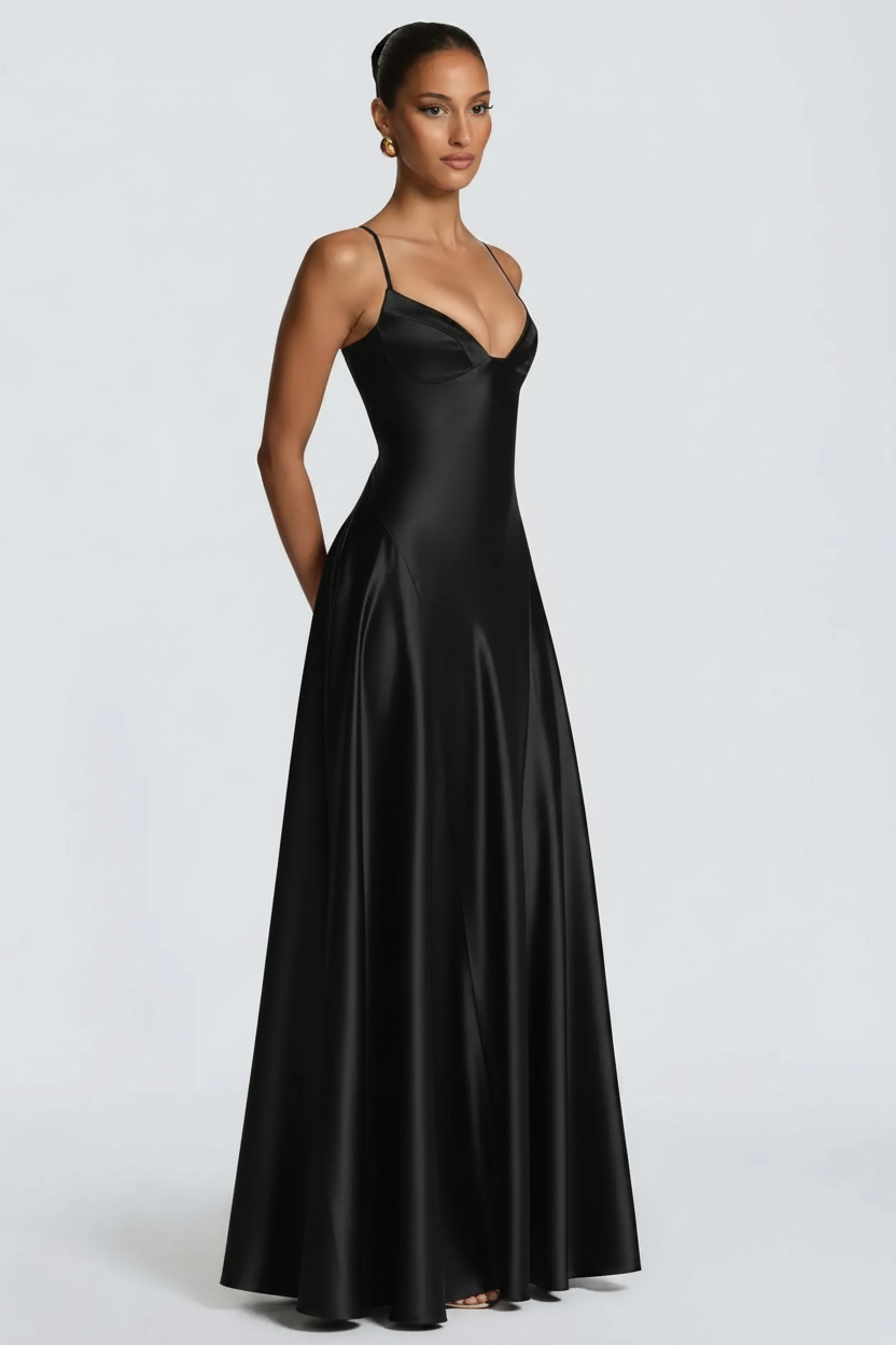 Alana Satin Cinched-Waist Maxi Evening Gown-Black