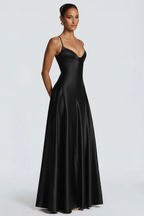 Alana Satin Cinched-Waist Maxi Evening Gown-Black