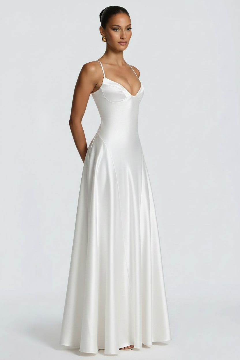 Alana Satin Cinched-Waist Maxi Evening Gown-White Aclosy