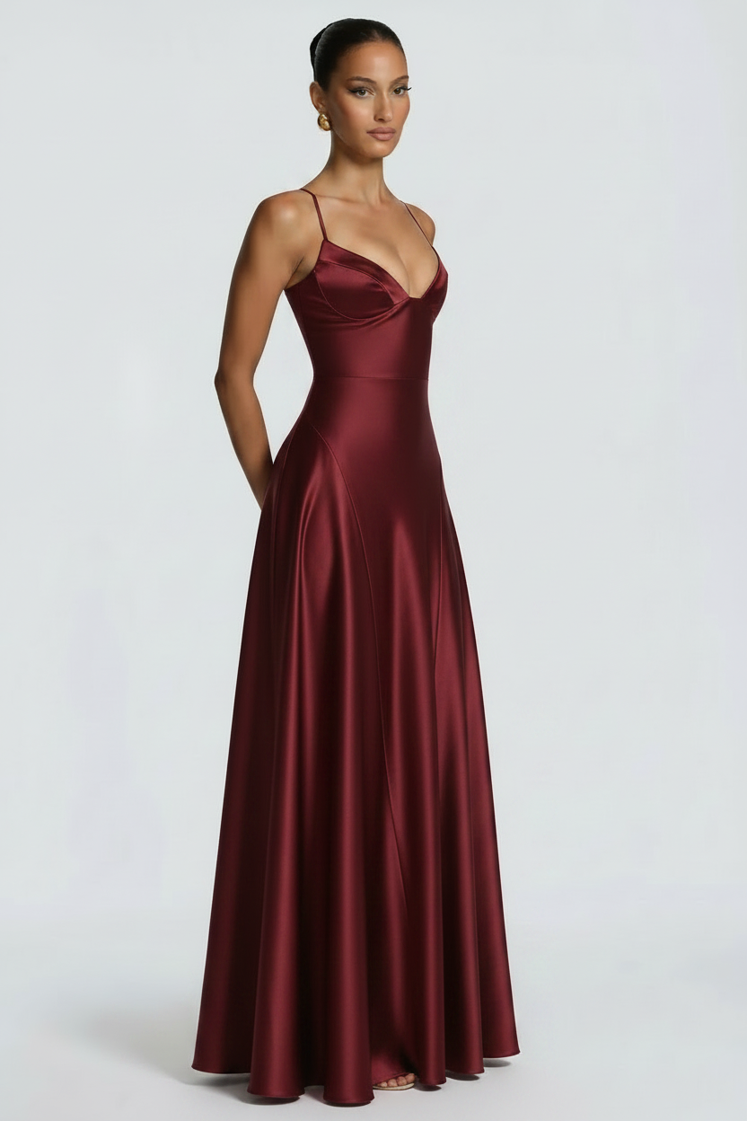 Alana Satin Cinched-Waist Maxi Evening Gown-Wine Red Aclosy