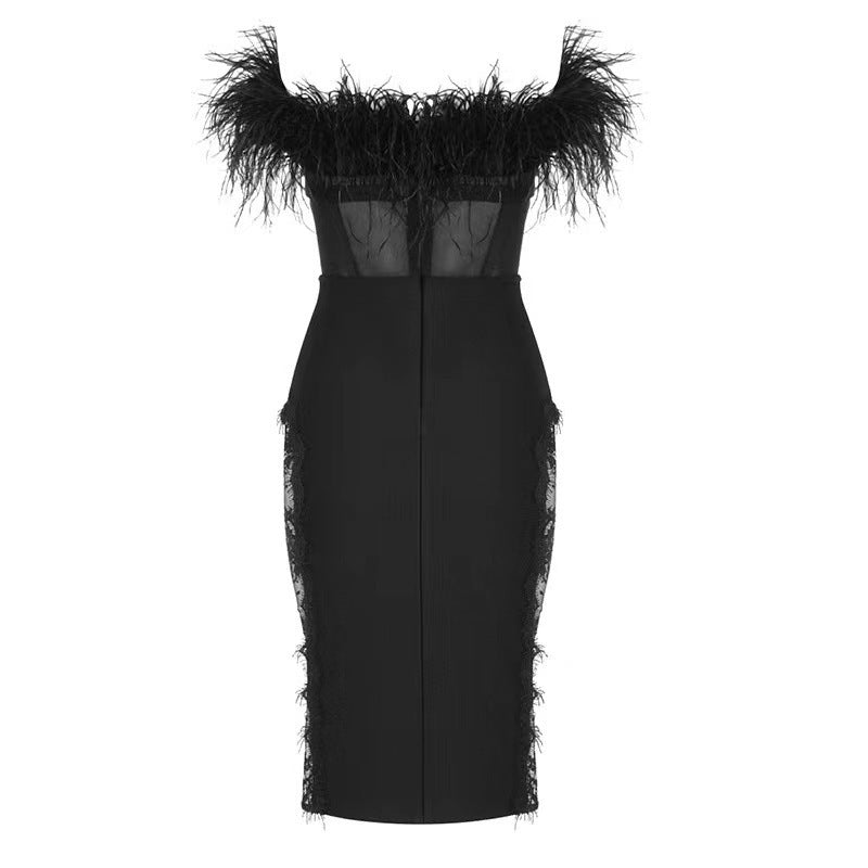 European And American Fashion Sexy Tube Top Ostrich Feather Mesh Lace Bandage One-piece Dress aclosy