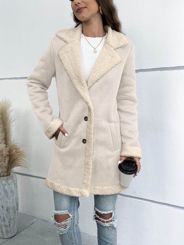 Long Sleeve Lapel Suede Elegant Woolen Coat aclosy