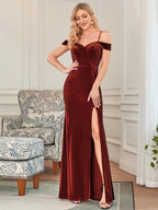 Chic Velvet Spaghetti Strap High Slit  Dress