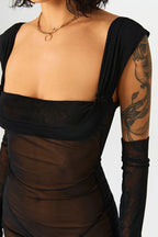 2022 New Solid Color Hood Wrapped Chest Long -sleeved Mesh High Waist Bag Hip Mid Skirt aclosy