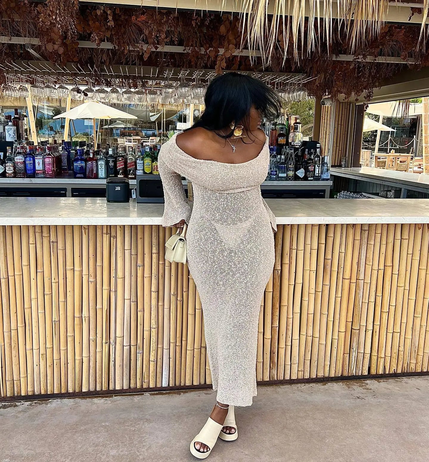 Chic Aerla Off Shoulder Boucle Maxi Dress