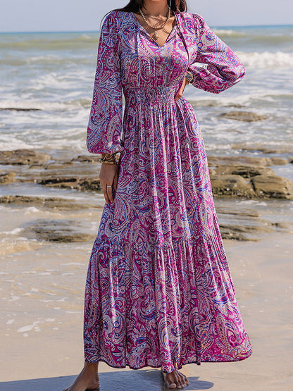 Printed Tie Neck Balloon Sleeve Maxi Dress Trendsi