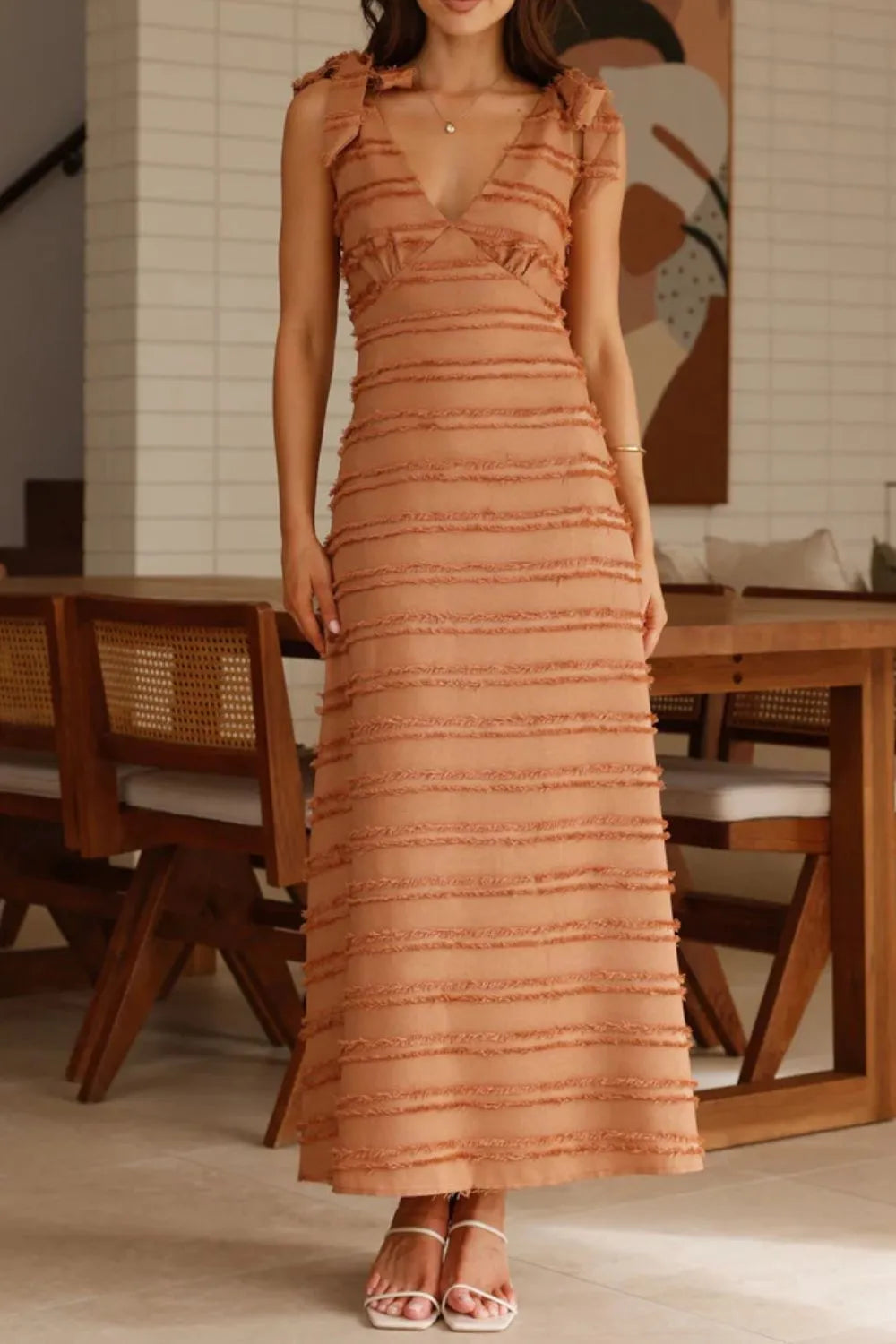 Textured V-Neck Tie Shoulder Dress