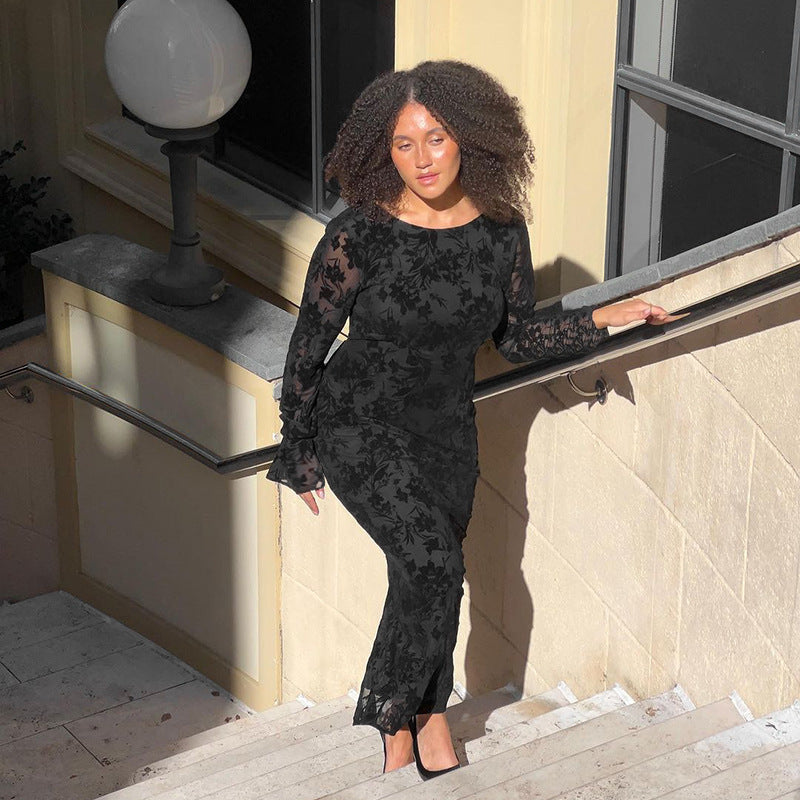 Fashion Slim Flocking Bare Back Dress Women Aclosy