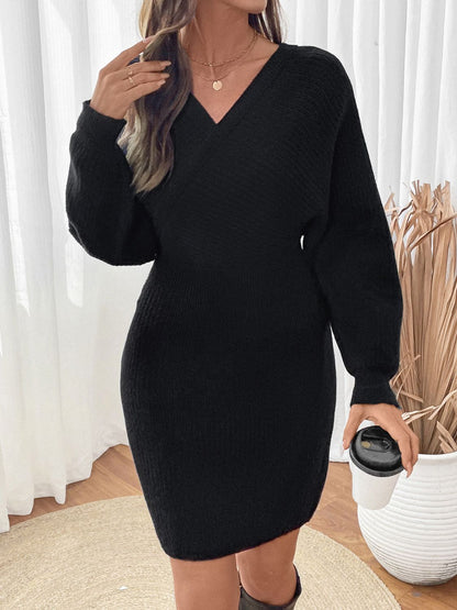 Perfee Surplice Long Sleeve Sweater Dress Trendsi