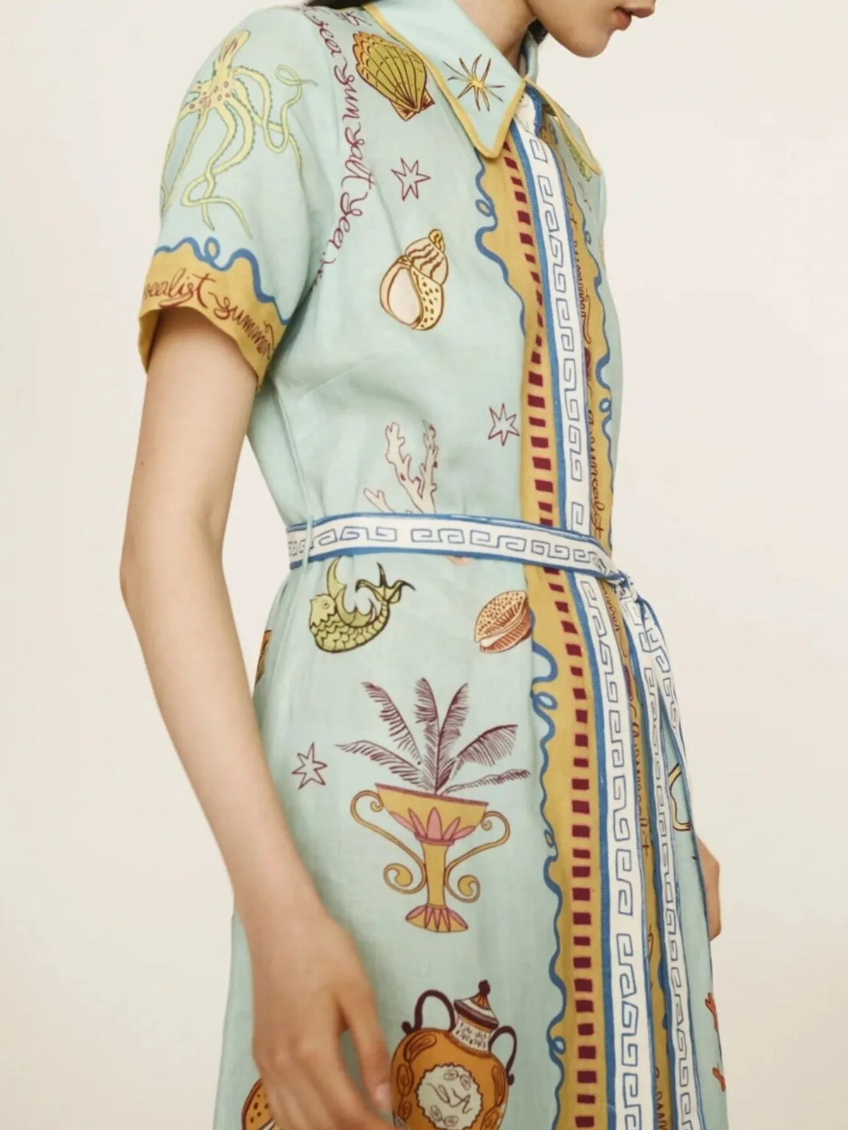 Printed Short Sleeve Maxi Shirt Dress with Belt