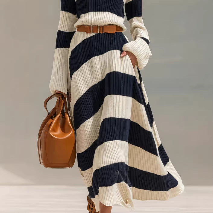 Navy And White Contrast-striped Long-sleeve Dress aclosy