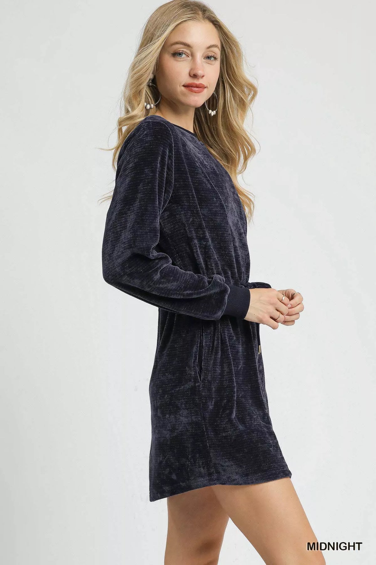 Umgee Velour Drawstring Mini Dress with Long Sleeves