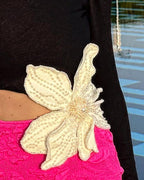 Long Sleeve Rose Red Color Matching Beaded Flower One-shoulder Dress Aclosy