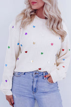 Heart Sequin Round Neck Long Sleeve Sweater Trendsi