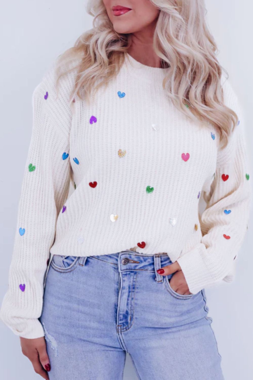 Heart Sequin Round Neck Long Sleeve Sweater Trendsi