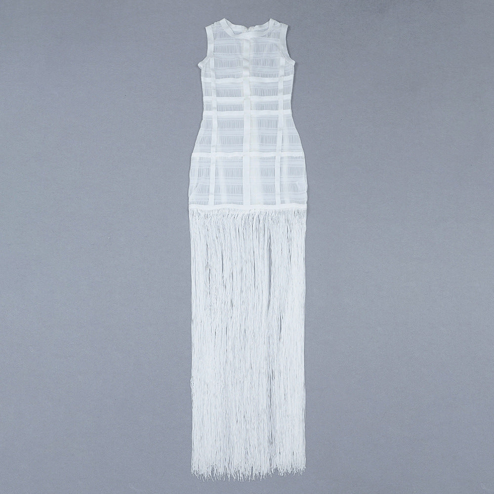 Women's Mesh See-through Mid-length Fringed Dress aclosy