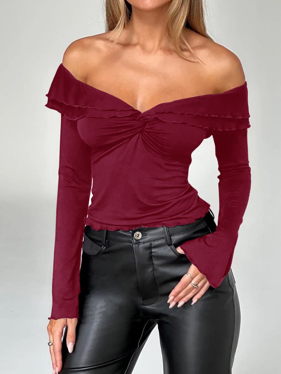 Devine Twisted Ruffled Off-Shoulder Long Sleeve T-Shirt Trendsi