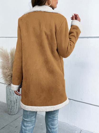 Long Sleeve Lapel Suede Elegant Woolen Coat aclosy