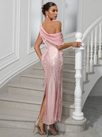Elegant One-shoulder Sequin Party Maxi Dress