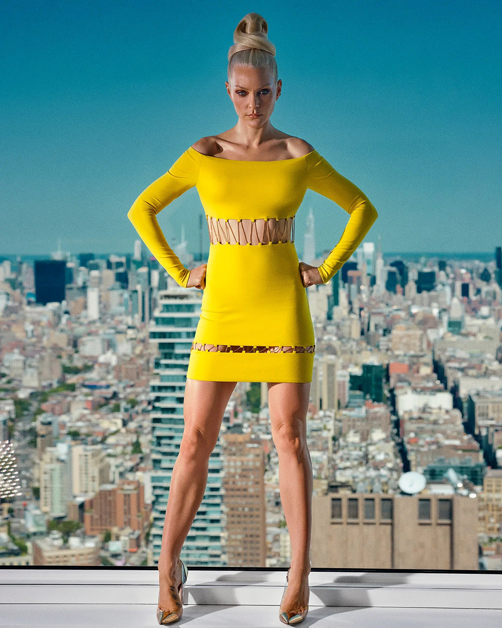 Yellow Long Sleeved Hollowed Out Chain Bandage Mini Dress Aclosy