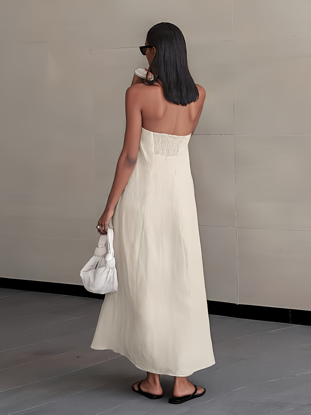 Linen High-Waisted Backless Patchwork Pocket Dress