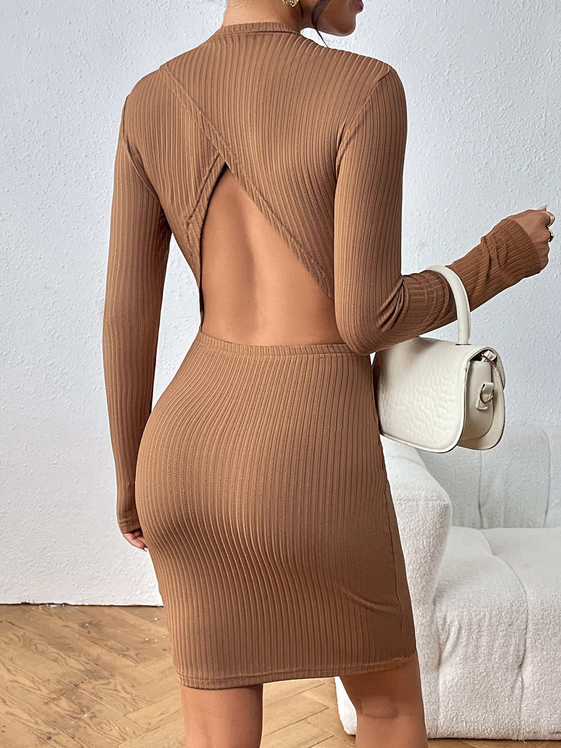 Honey Long Sleeve Ribbed Mini Dress Trendsi