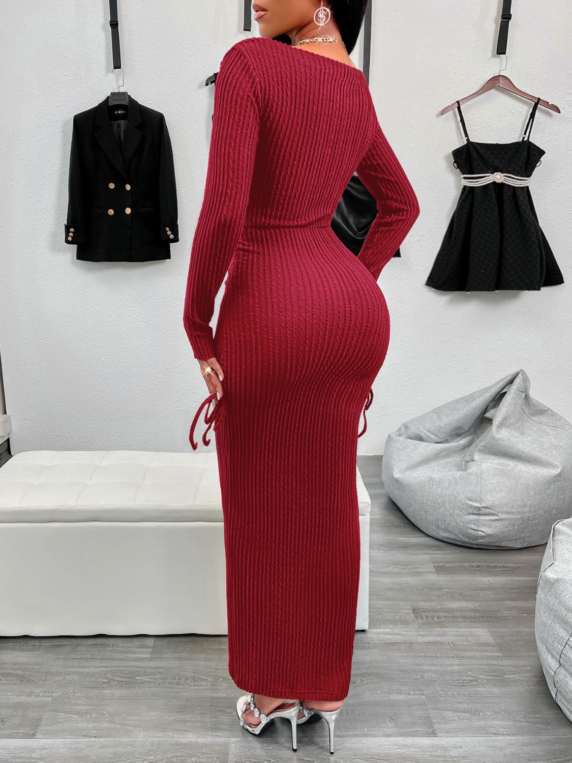 Drawstring Textured Long Sleeve Wrap Dress Trendsi