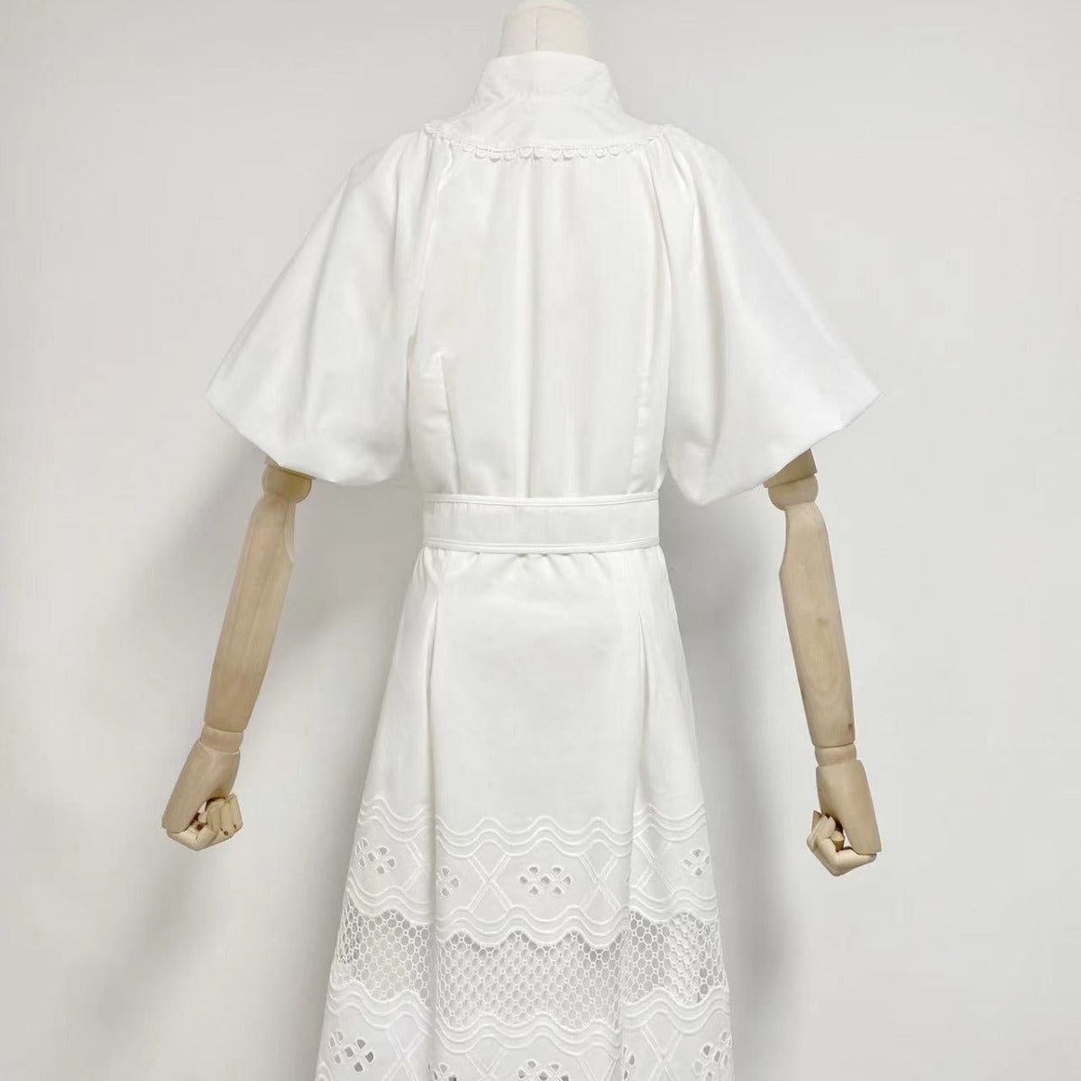 V-neck Puff Sleeve Single Breasted Belt Waist Trimming Short Dress Women aclosy