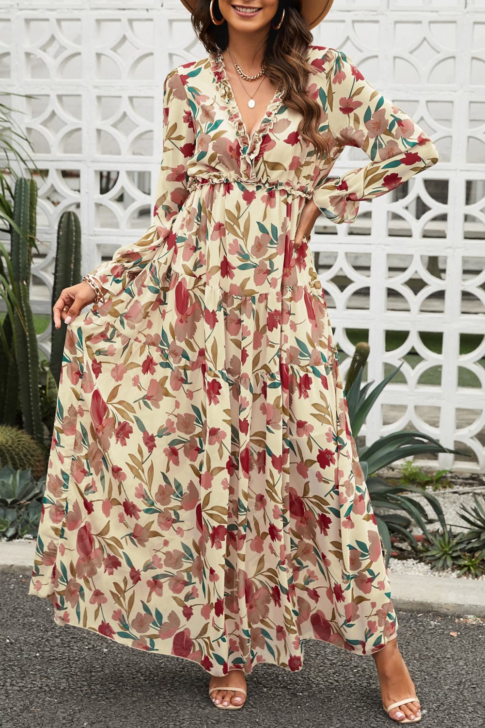 Floral Frill Trim Flounce Sleeve Plunge Maxi Dress Trendsi