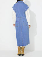 Slit Half Button Collared Neck Cap Sleeve Denim Dress Trendsi