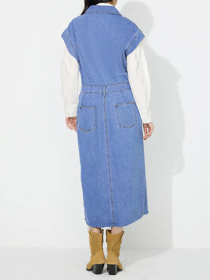 Slit Half Button Collared Neck Cap Sleeve Denim Dress Trendsi