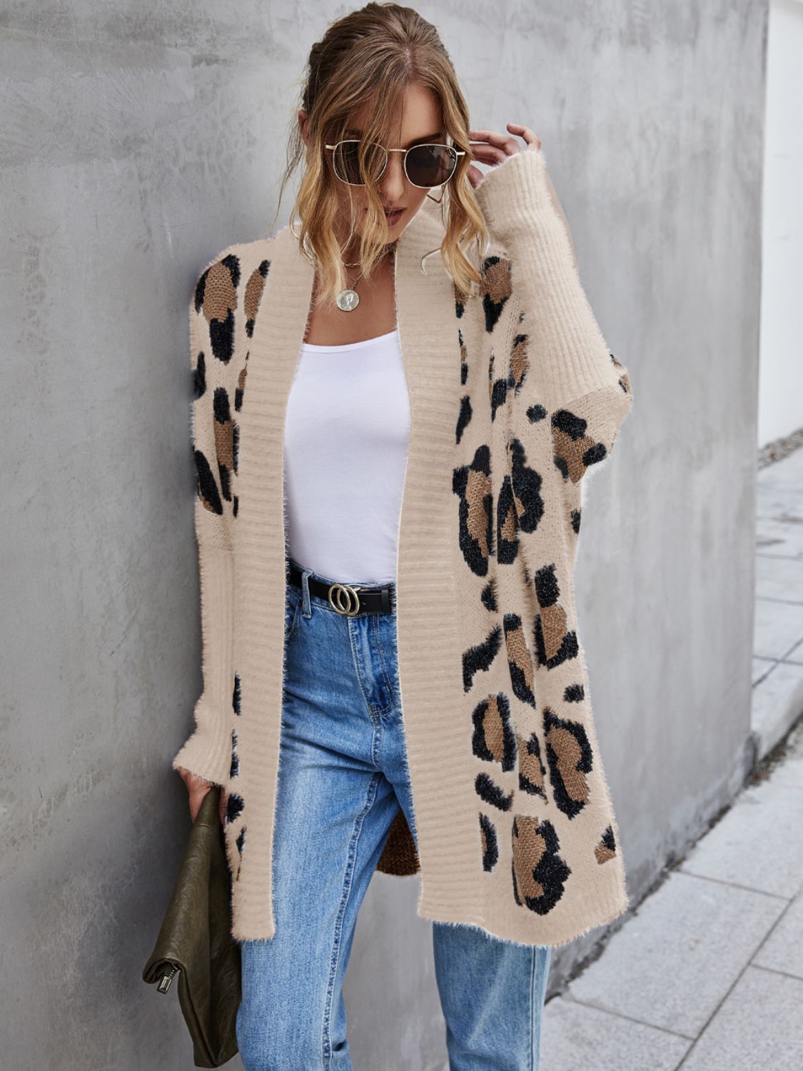 Angel Wings Leopard Pattern Fuzzy Cardigan Trendsi