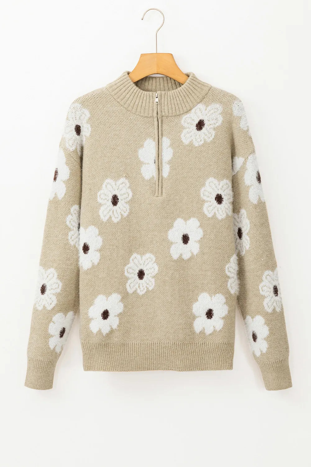 Flower Half Zip Long Sleeve Sweater Trendsi