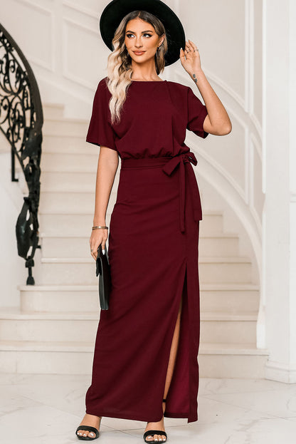 Belted Split Round Neck Dress Trendsi