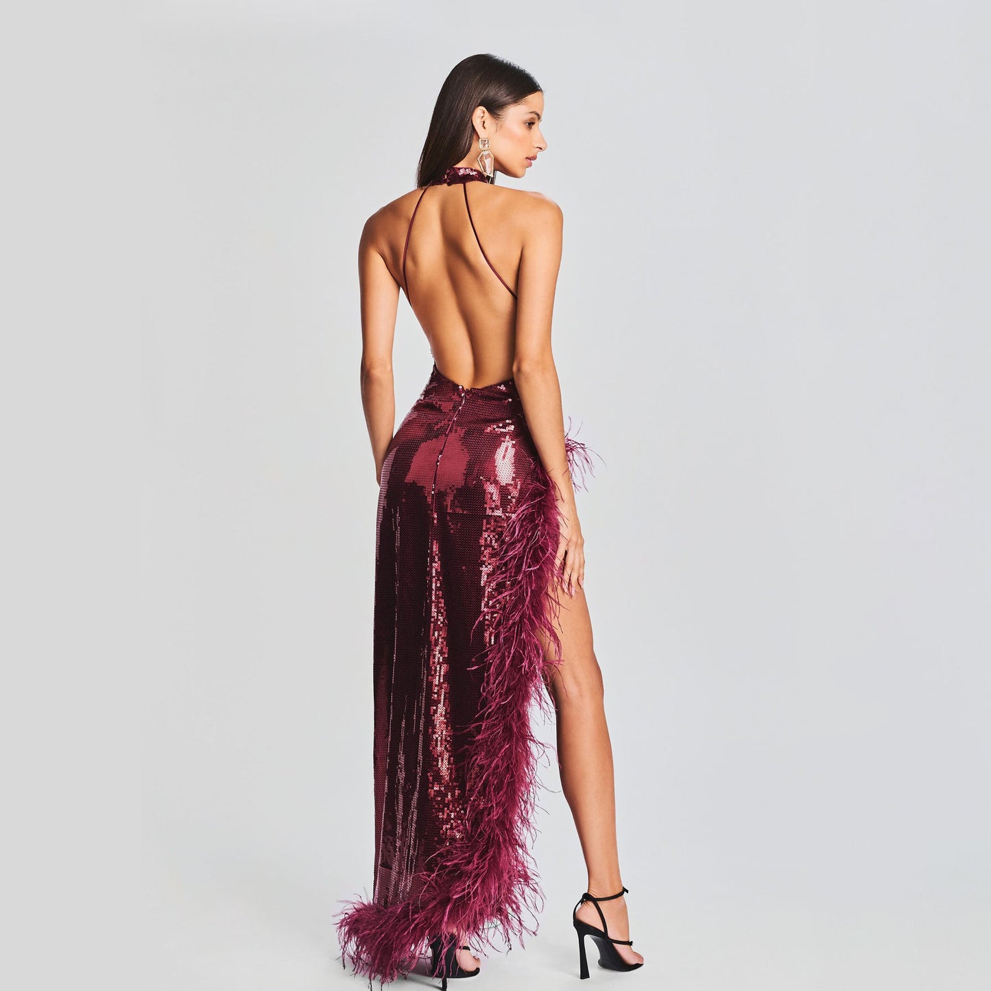 Feather Wine Red Sequined Halter Dress Aclosy