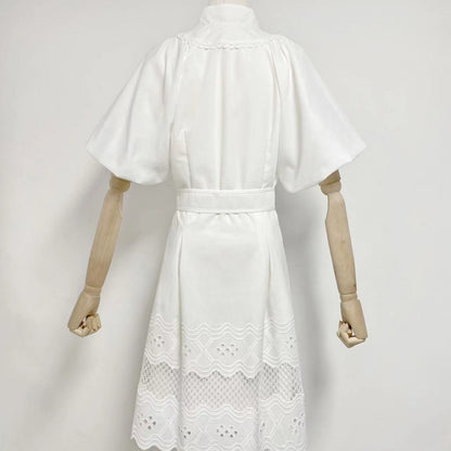 V-neck Puff Sleeve Single Breasted Belt Waist Trimming Short Dress Women aclosy