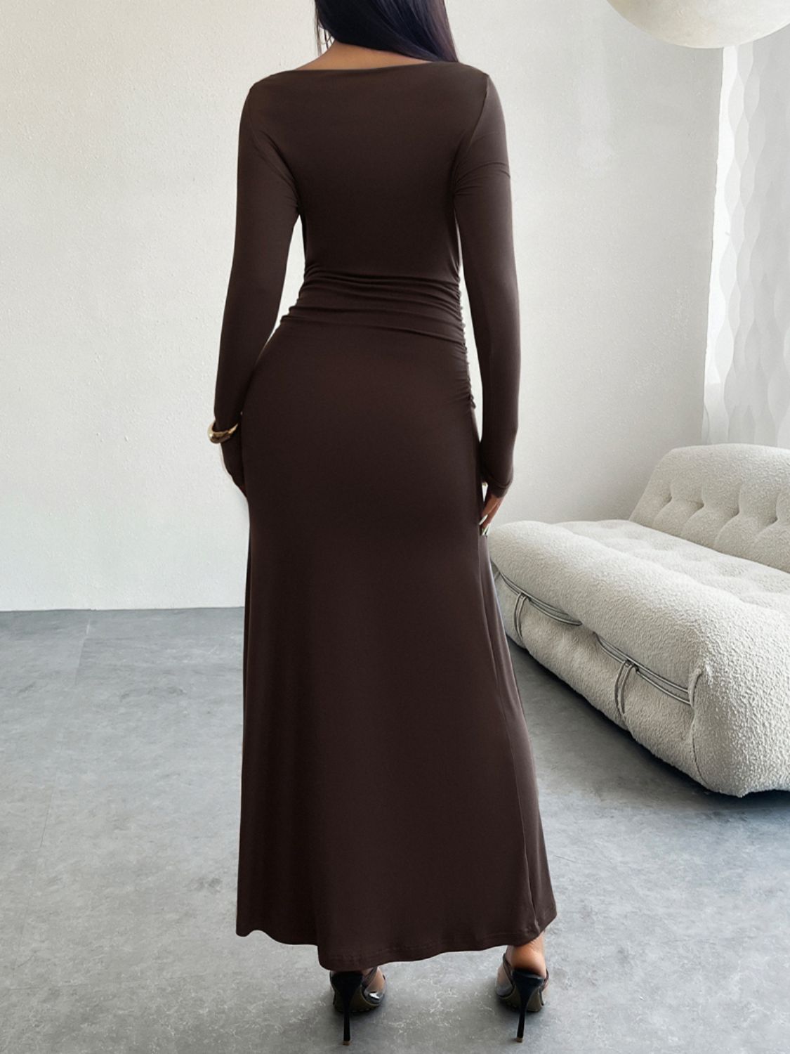 Devine Ruched Long Sleeve Maxi Dress Trendsi