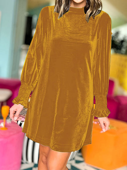 Full Size Mock Neck Smocked Long Sleeve Mini Dress Trendsi