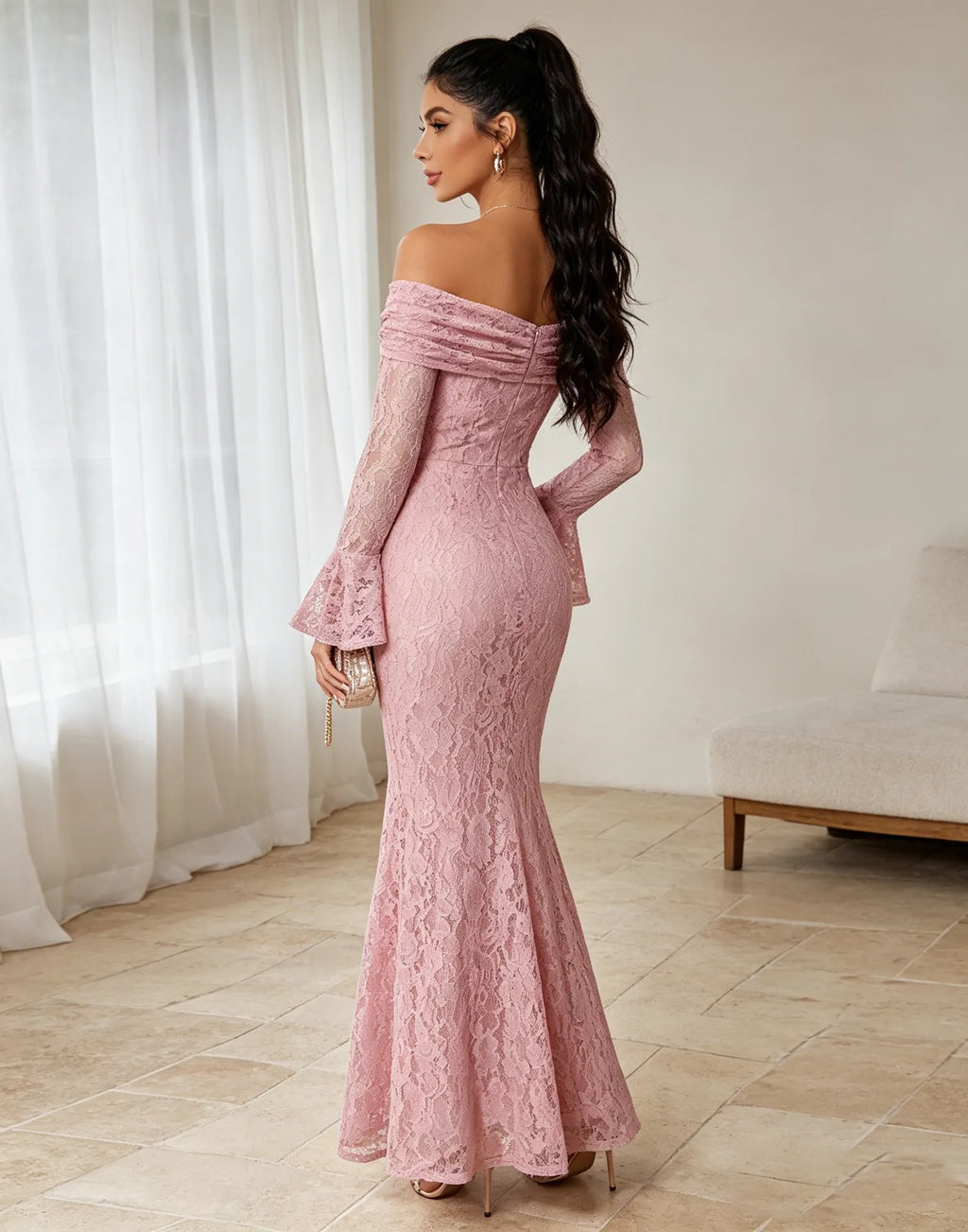 Rosalind Off-Shoulder Lace Mermaid Maxi Dress - Pink