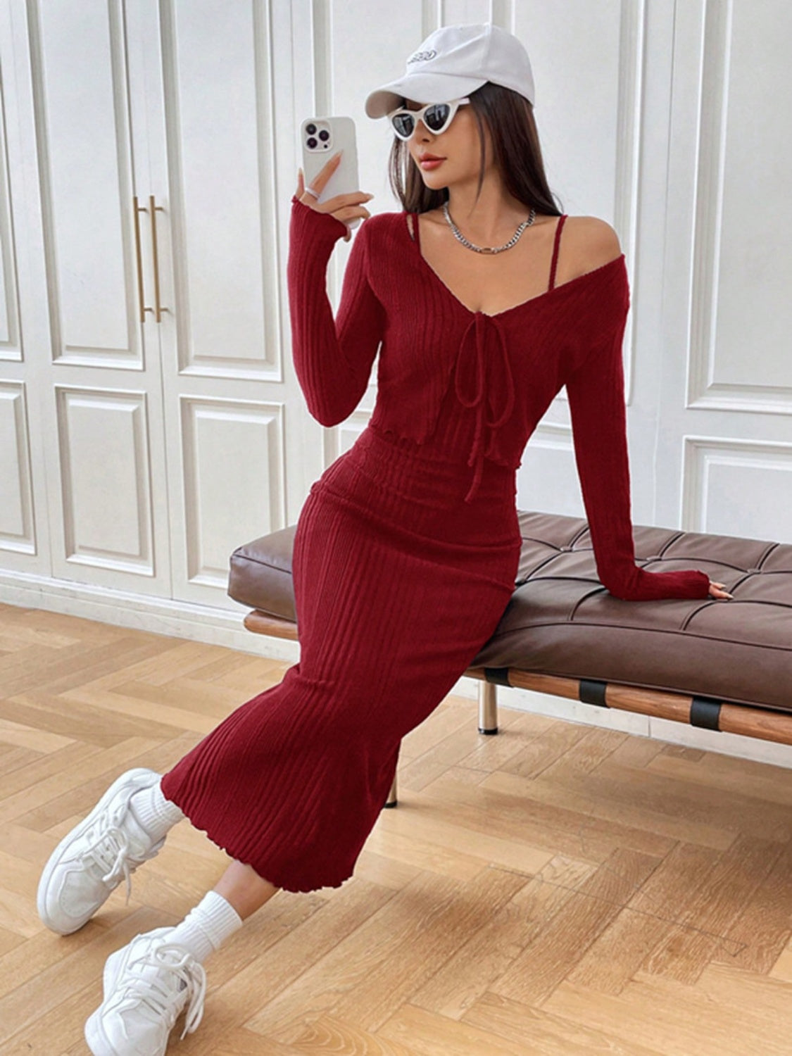 Cami Dress and Tied Long Sleeve Cardigan Set Trendsi