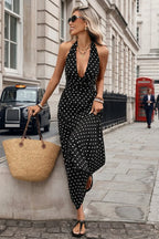 Marisol Polka Dot Halter Maxi – Backless Plunge Summer Dress