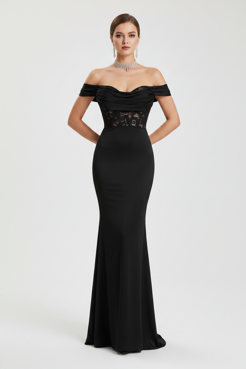 Black off shoulder evening prom dress