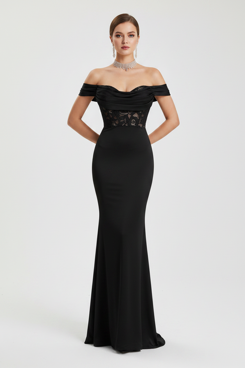 Black off shoulder evening prom dress