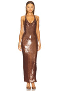Alerika Deep V Neck Sequin Halter Bodycon Maxi Dress