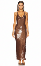 Alerika Deep V Neck Sequin Halter Bodycon Maxi Dress