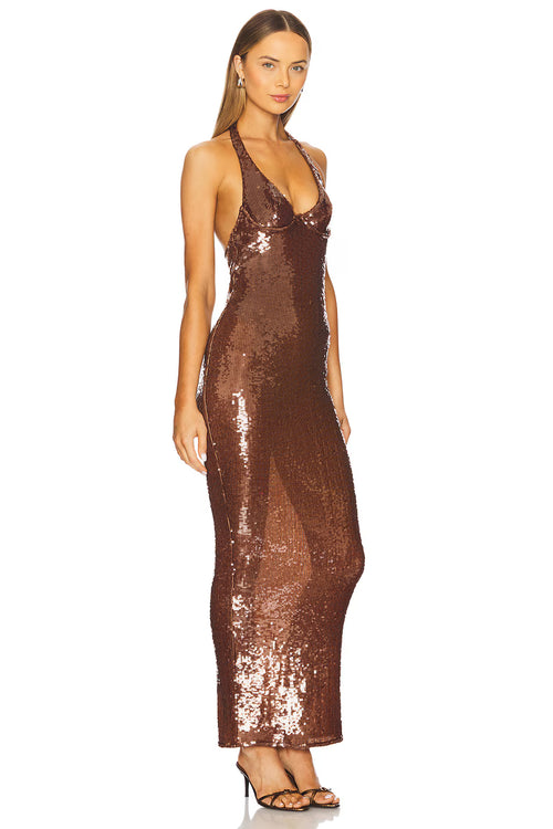 Alerika Deep V Neck Sequin Halter Bodycon Maxi Dress