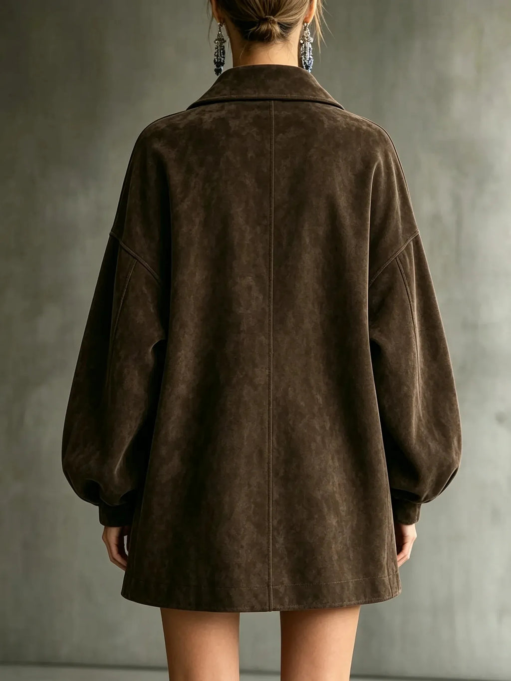 margot oversized faux suede jacket dress in chocolate brown - back view