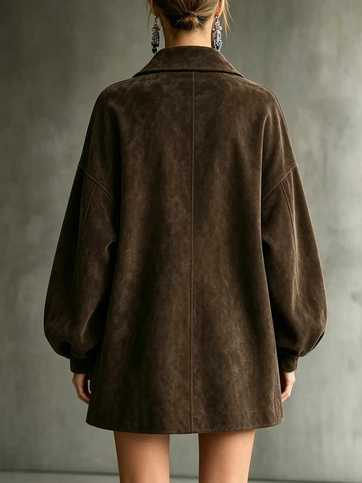 margot oversized faux suede jacket dress in chocolate brown - back view